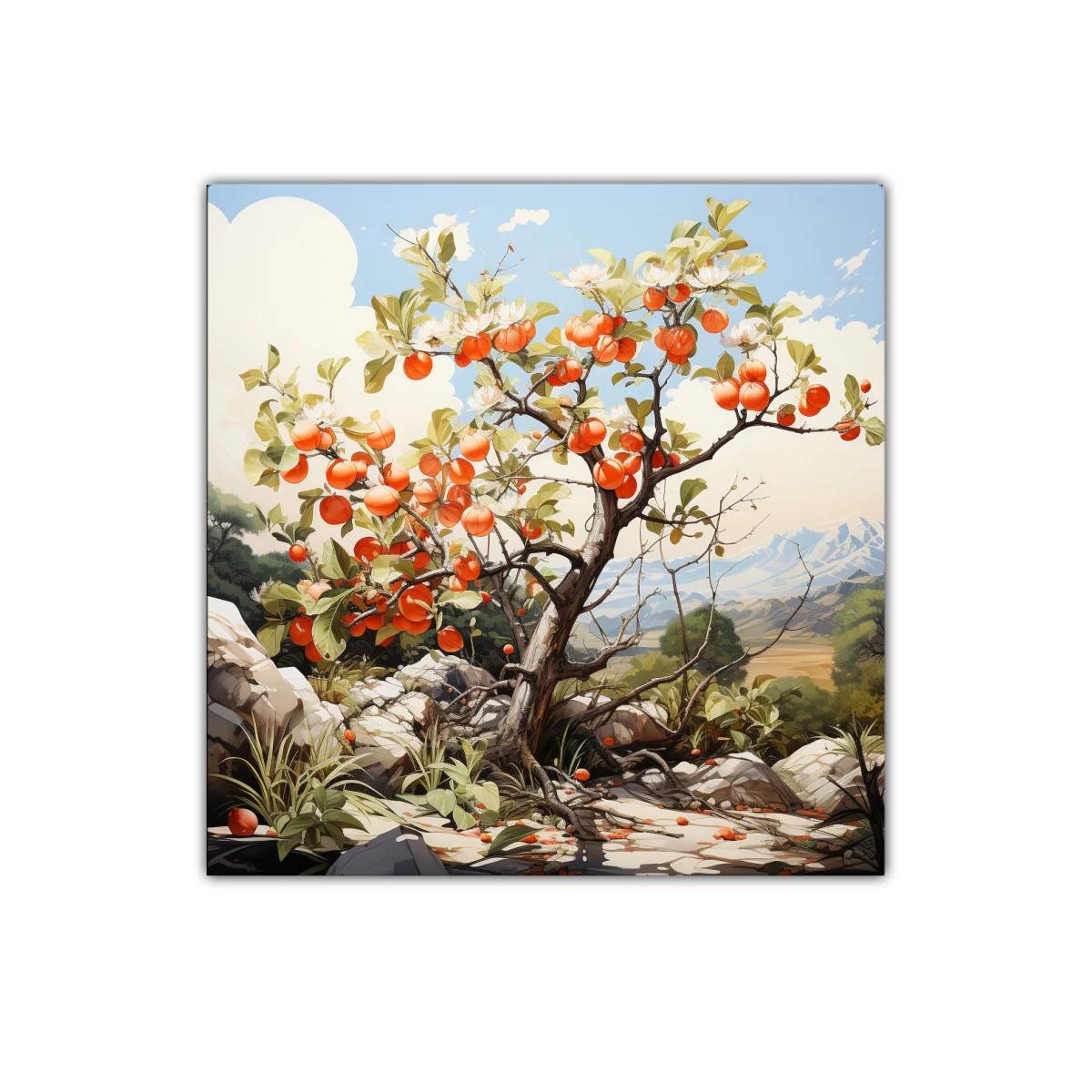 Árbol frutal en paisaje natural con tonos cálidos y cielo azul — miniatura 1