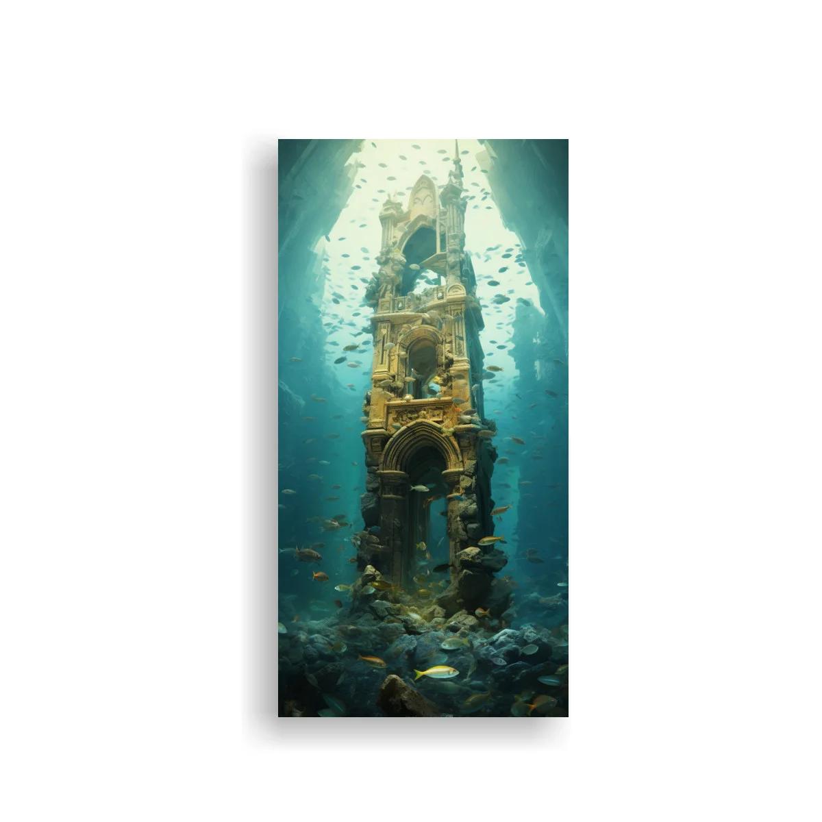 Cuadro torre de piedra sumergida con arco vacío y peces — imagen principal
