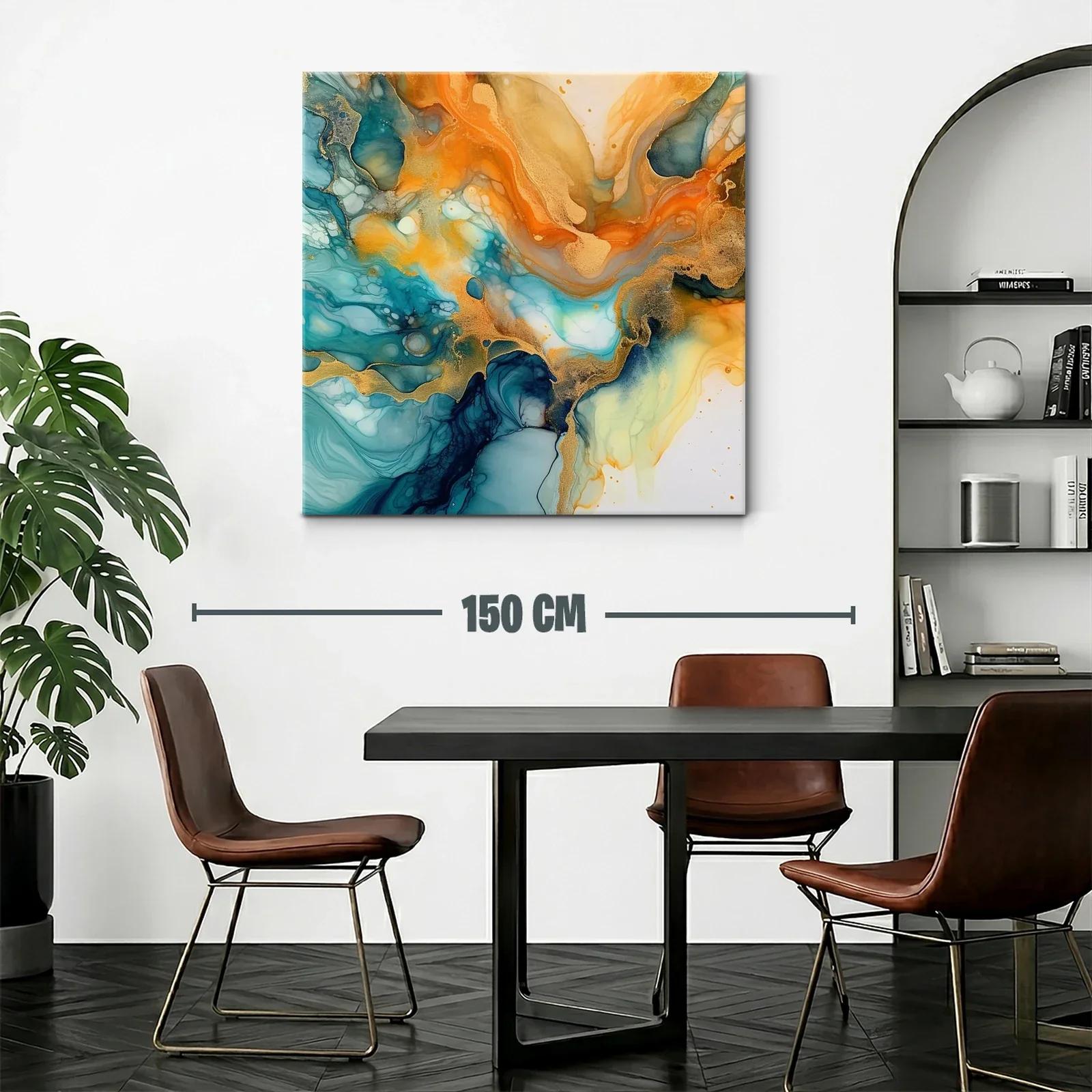 Cuadro abstracto en tonos turquesa y dorado vibrante — miniatura 2