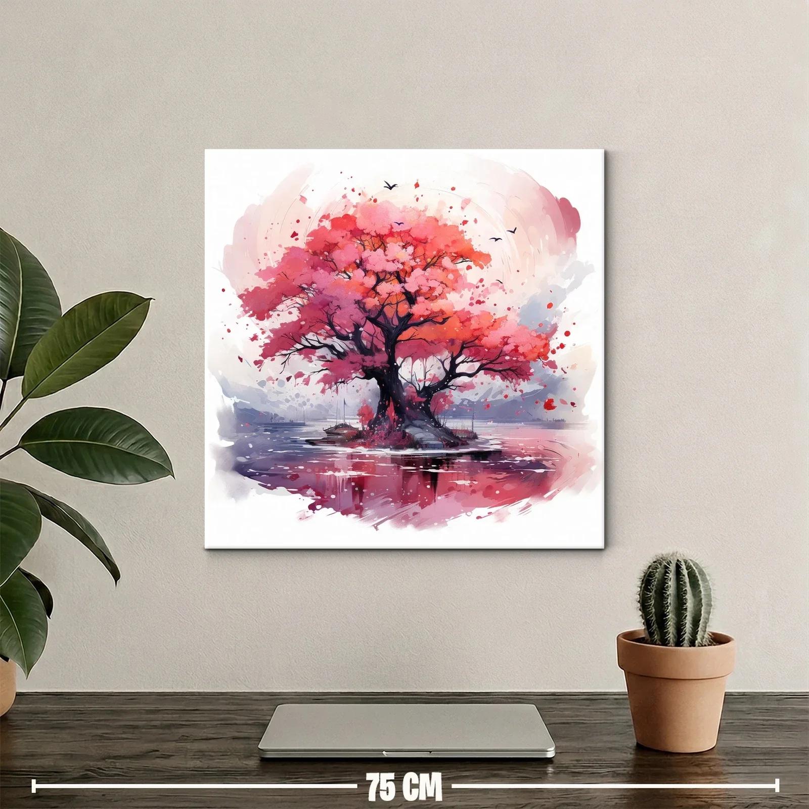 Árbol en tonos rosas y rojos sobre lago sereno — miniatura 2