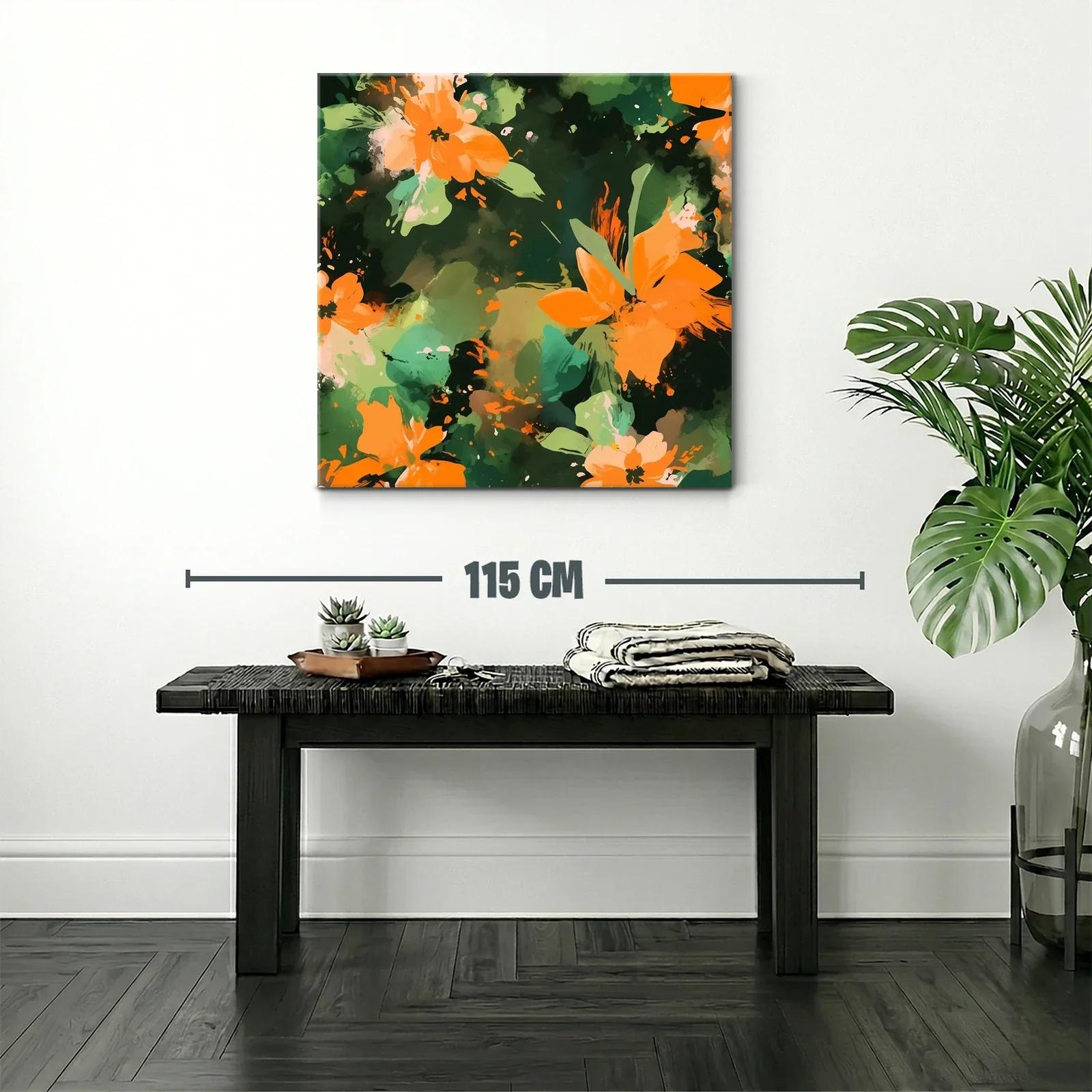 Cuadro abstracto con flores naranja y fondo verde oscuro — miniatura 2