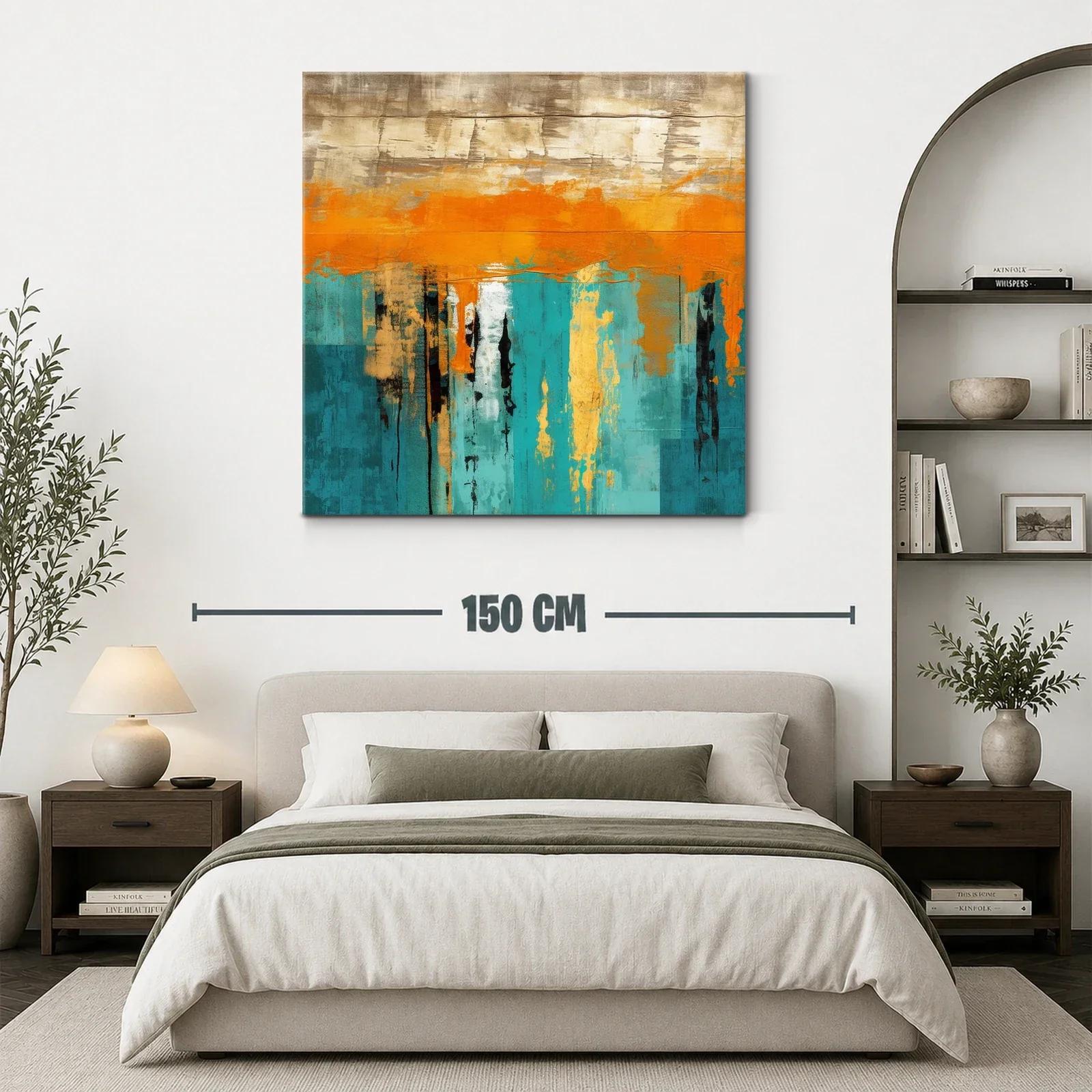 Cuadro abstracto con vibrantes tonos turquesa y naranja — miniatura 3