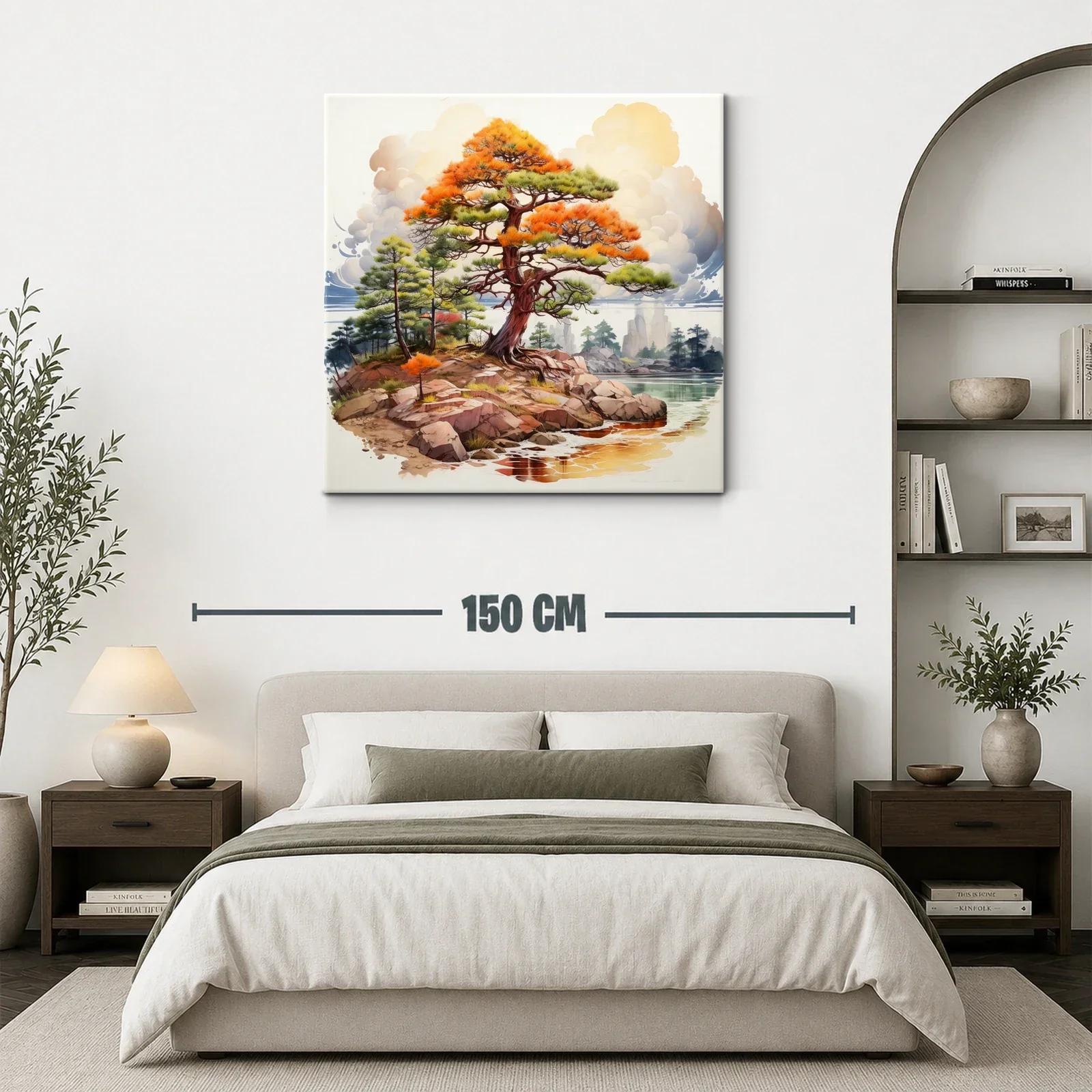 Paisaje con árbol en tonos cálidos junto al agua y rocas — miniatura 3