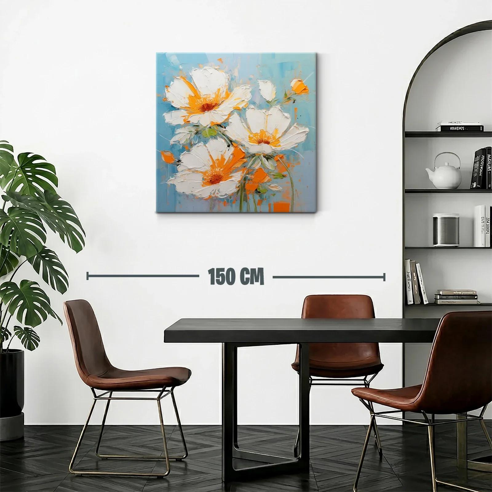 Cuadro con flores blancas y detalles naranjas sobre fondo azul — miniatura 2