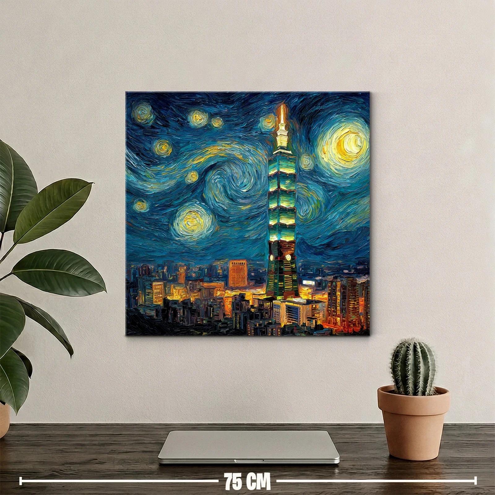 Ciudad nocturna vibrante con torre iluminada al estilo Van Gogh — miniatura 2