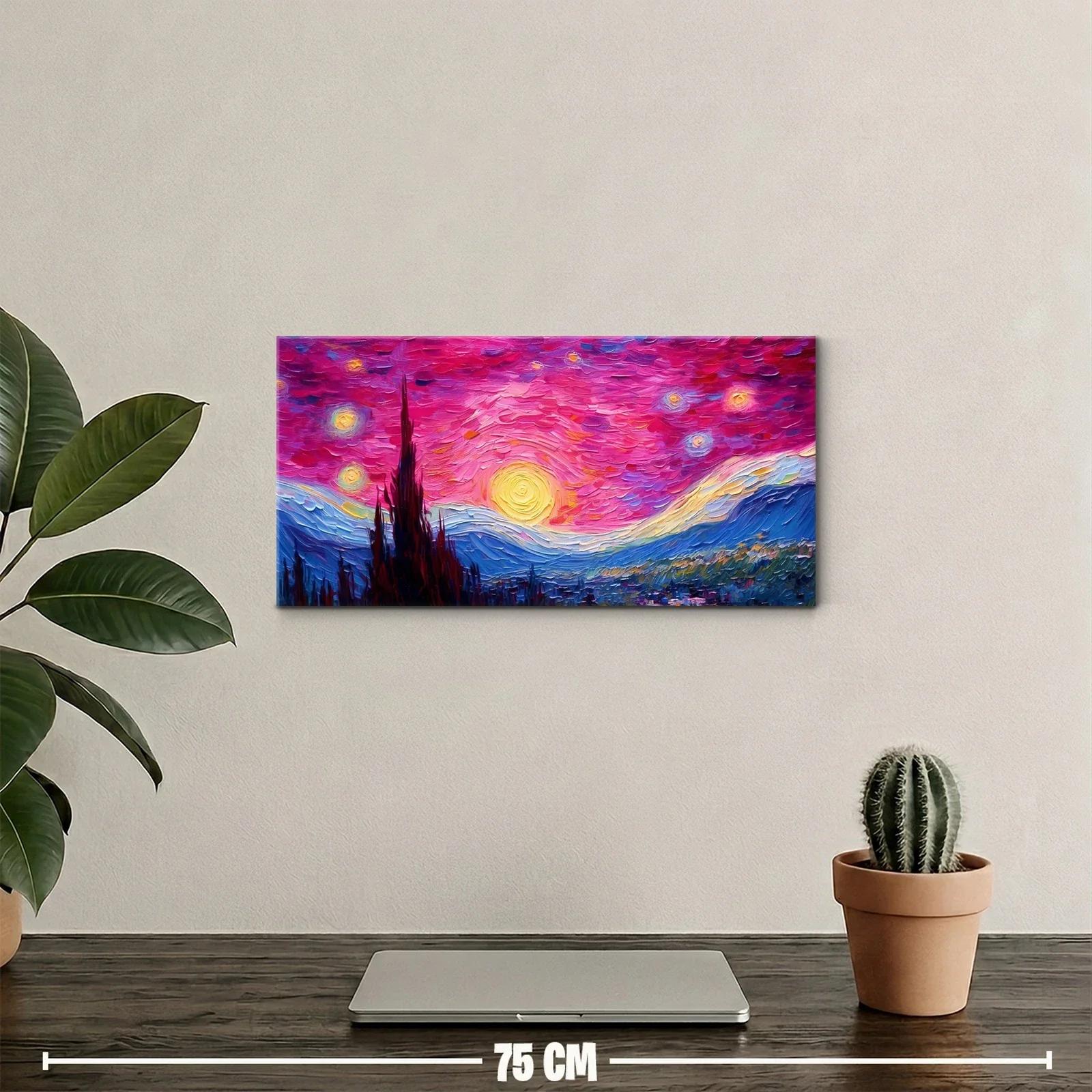 Cuadro paisaje nocturno con luna y torre en silueta — miniatura 2