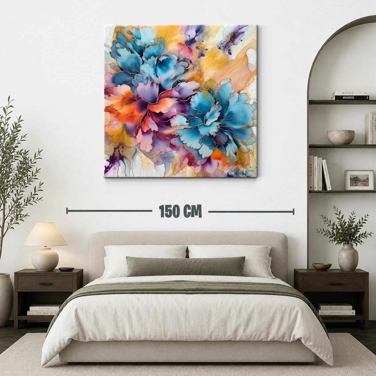 Cuadro floral vibrante con tonos azul y naranja intensos — miniatura 3