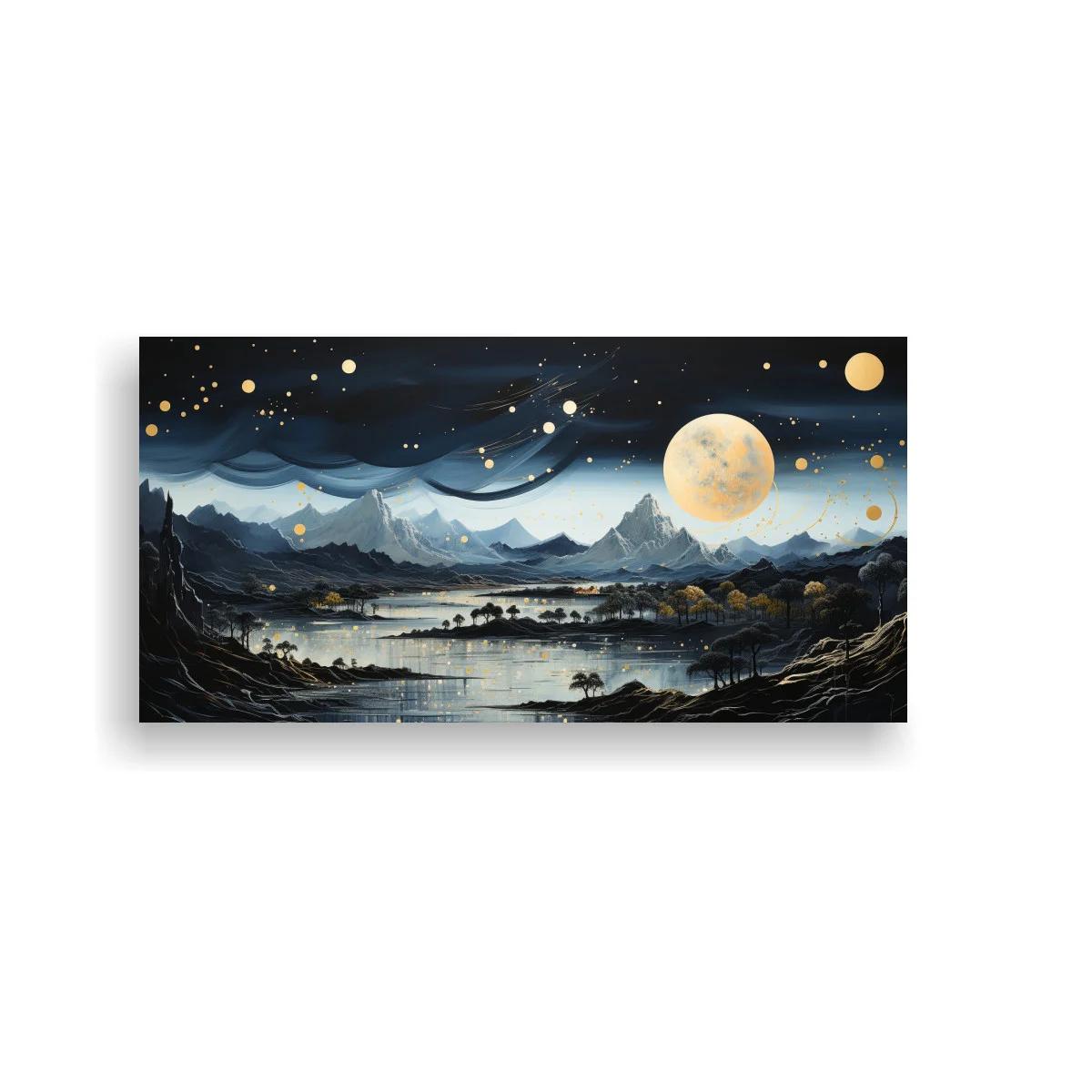 Cuadro paisaje montañoso nocturno con luna llena y orbes dorados — imagen principal