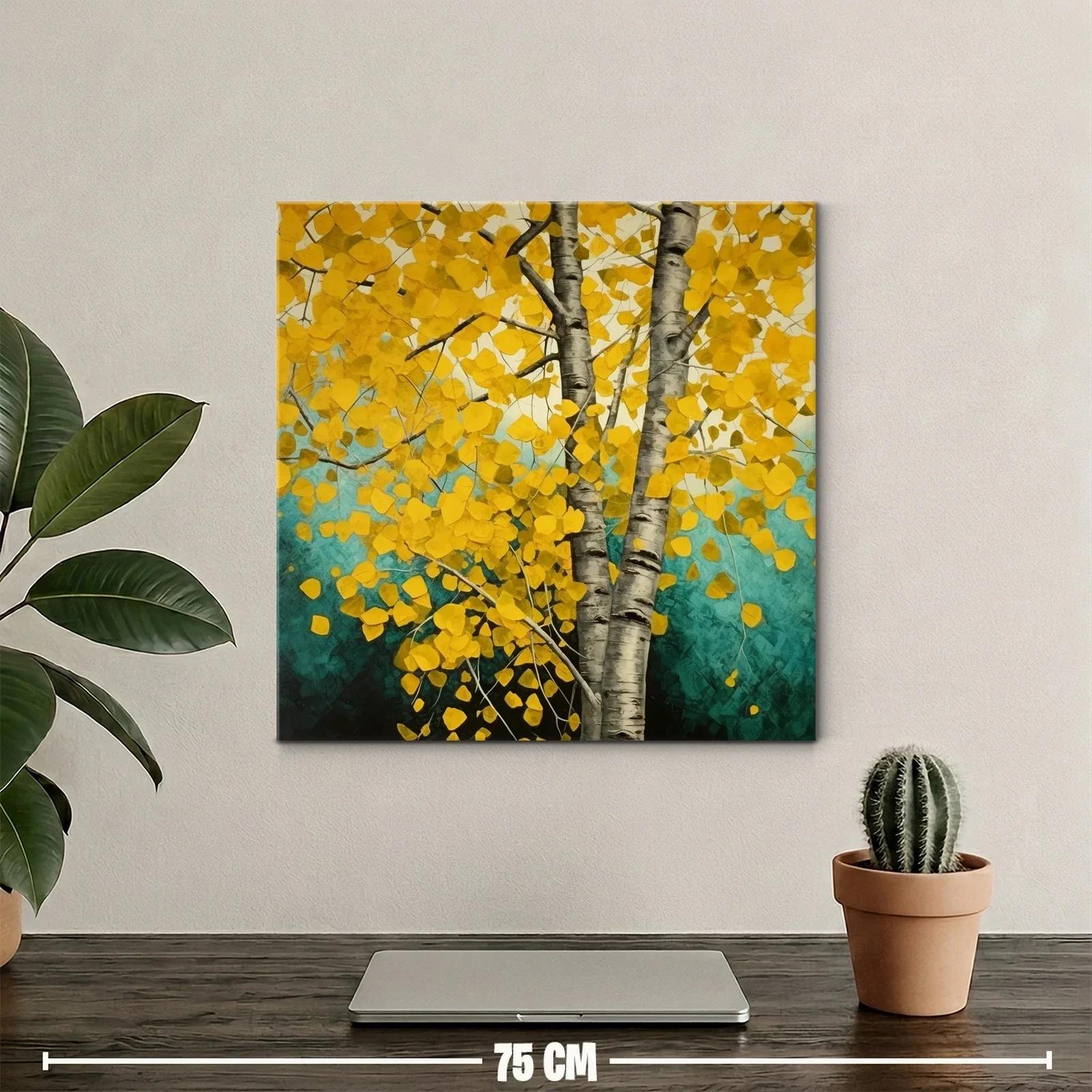 Árbol de hojas doradas con tronco plateado en fondo turquesa — miniatura 2