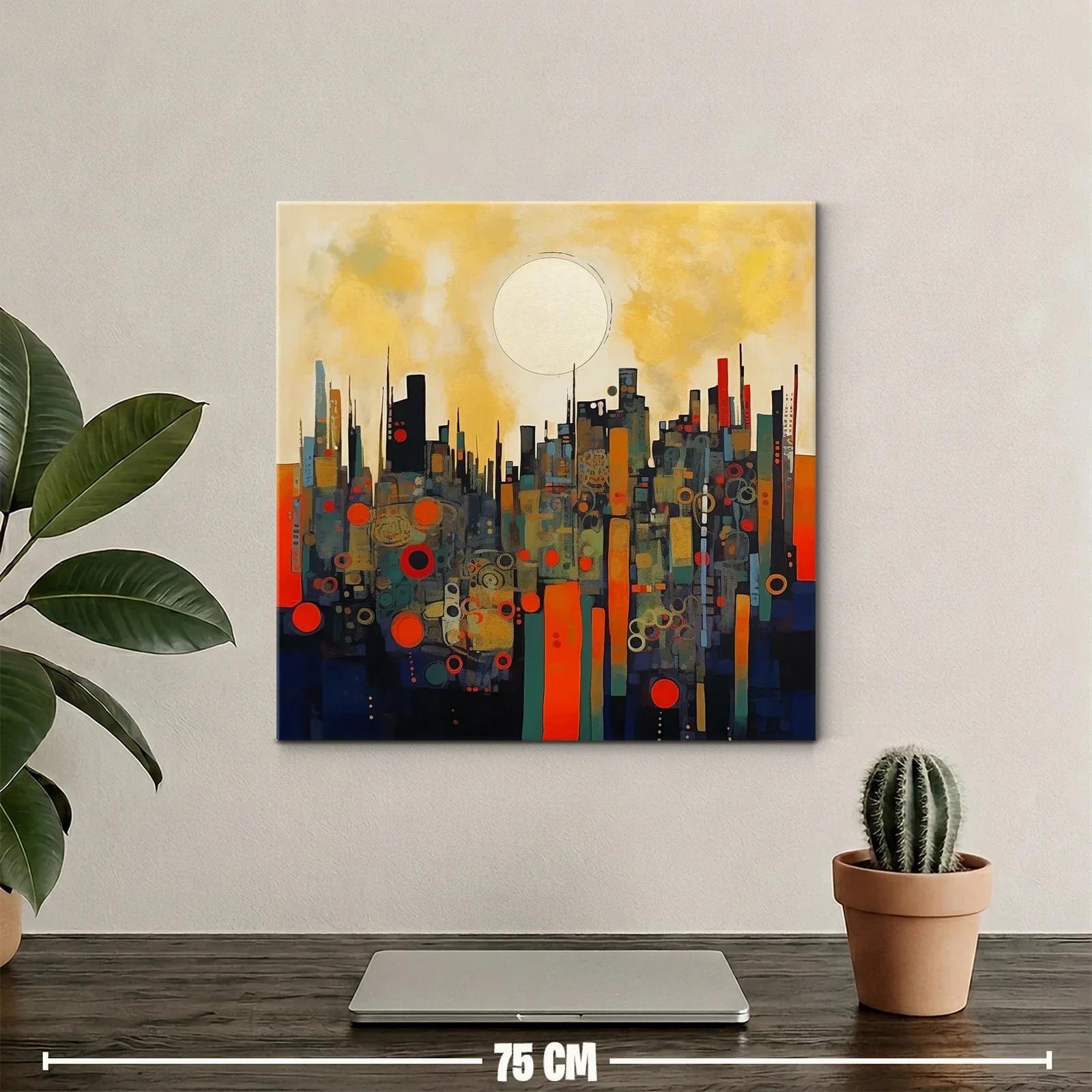 Cuadro abstracto paisaje urbano con círculo dorado — miniatura 2